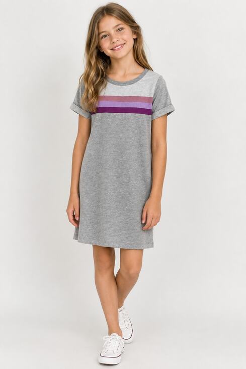 love, Fire Other - Love Fire Gray Striped T-Shirt Dress Short Sleeve Casual